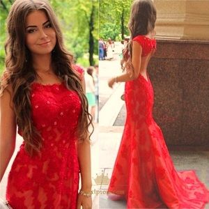 Red Lace Mermaid Gown with Open Back